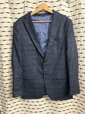 Men's Navy Windowpane Blazer - Classic Two-Button Suit Jacket